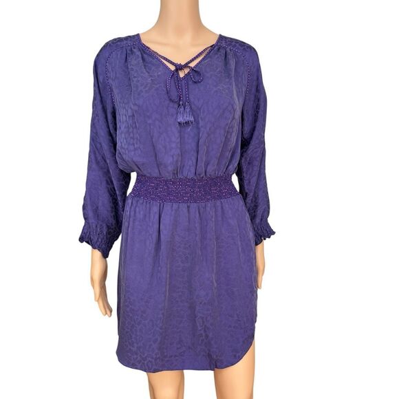 Rebecca Taylor 100% silk purple leopard print smocked waist dress size 2 - Picture 1 of 7